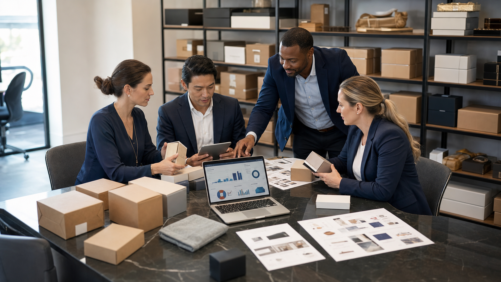 Business team reviewing general supplier samples, inventory documents and wholesale data in a modern commerce workspace