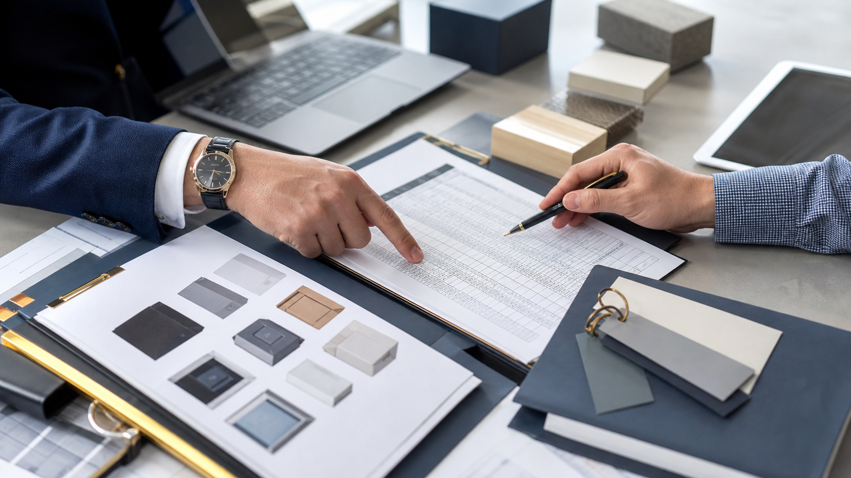 Close-up of wholesale catalog, pricing documents and sample packaging being reviewed