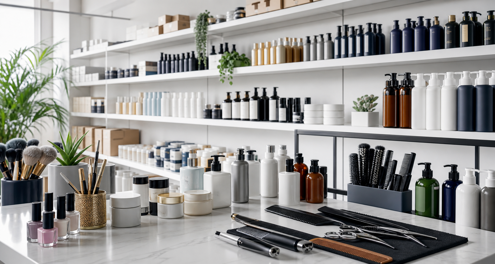 Organized product samples arranged in a clean wholesale distribution workspace